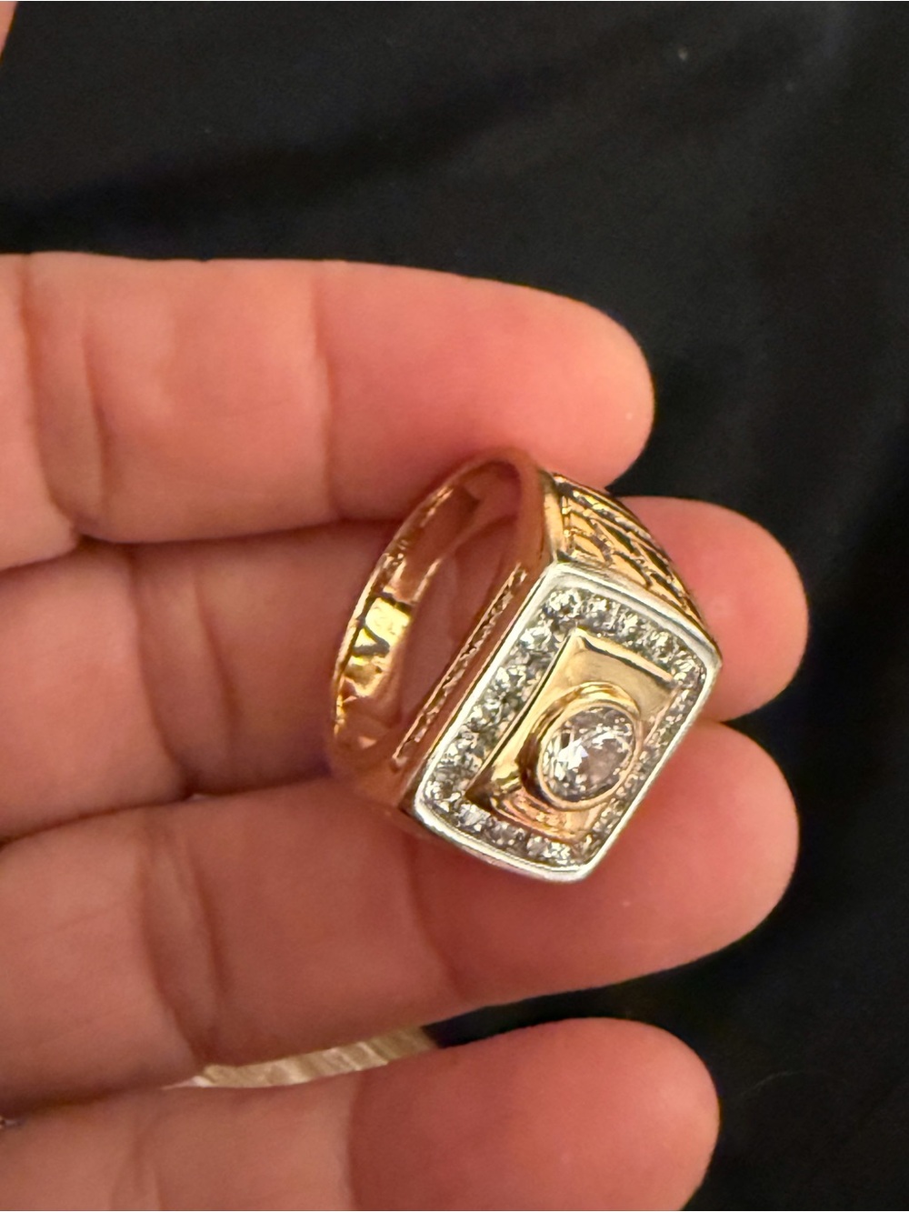 Gold-Tone Men's Signet Ring with Clear Crystal Accent